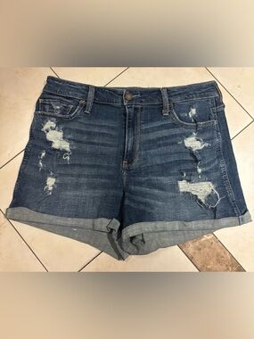 Hollister Distressed Rolled Cuff Denim Shorts - Dark Blue